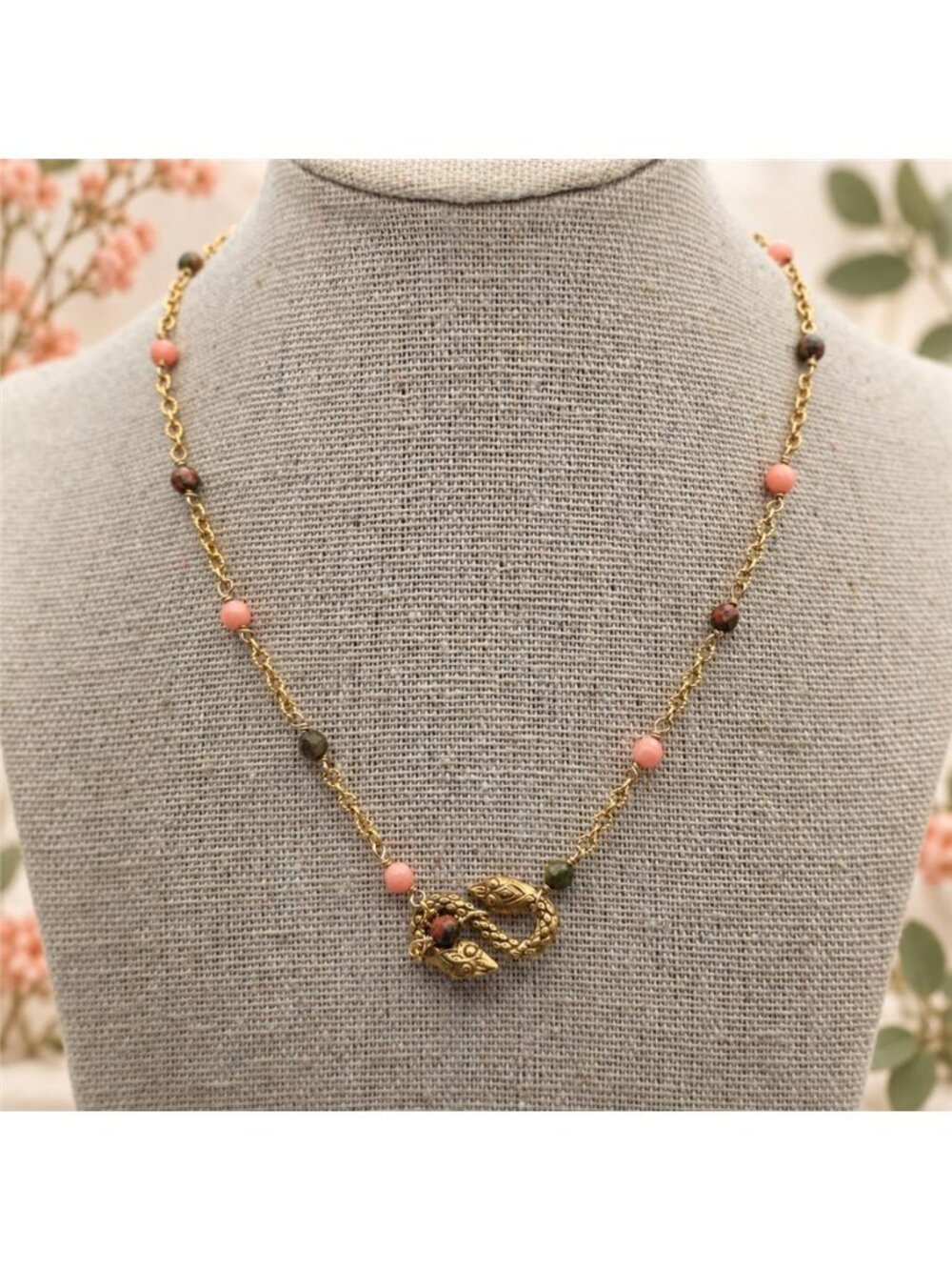 Gara Danielle Coral Unakite Snake Necklace 14K Gold Filled Beaded 15 In